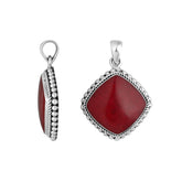 Sterling silver cushion shape pendant with red coral and rope beaded silver border handcrafted in Bali